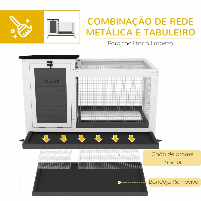 PawHut Coelheira de Madeira com Rodas Gaiola para Coelhos com Teto Asfaltico e Bandeja Amovível  91x51x66 cm Branco e Cinza Escuro
