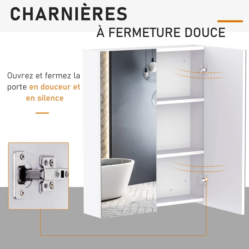 HOMCOM Armoire avec Miroir en Bois Rangement Salle de Bain Fermeture Porte Tampon MDF