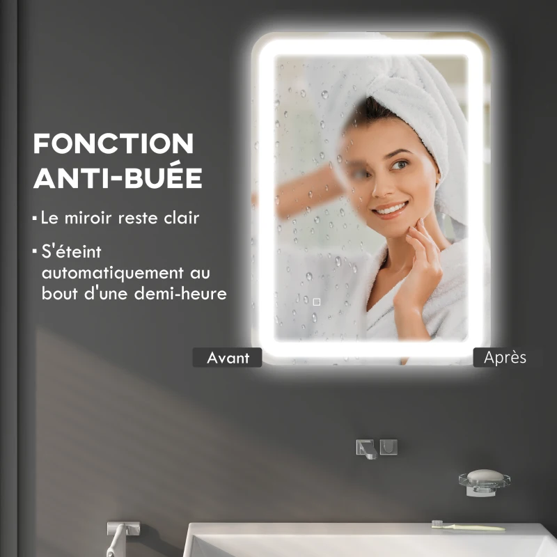 HOMCOM Miroir de salle de bain rectangulaire LED fonction anti-buée luminosité réglable fonction mémoire 70 x 50 cm argent