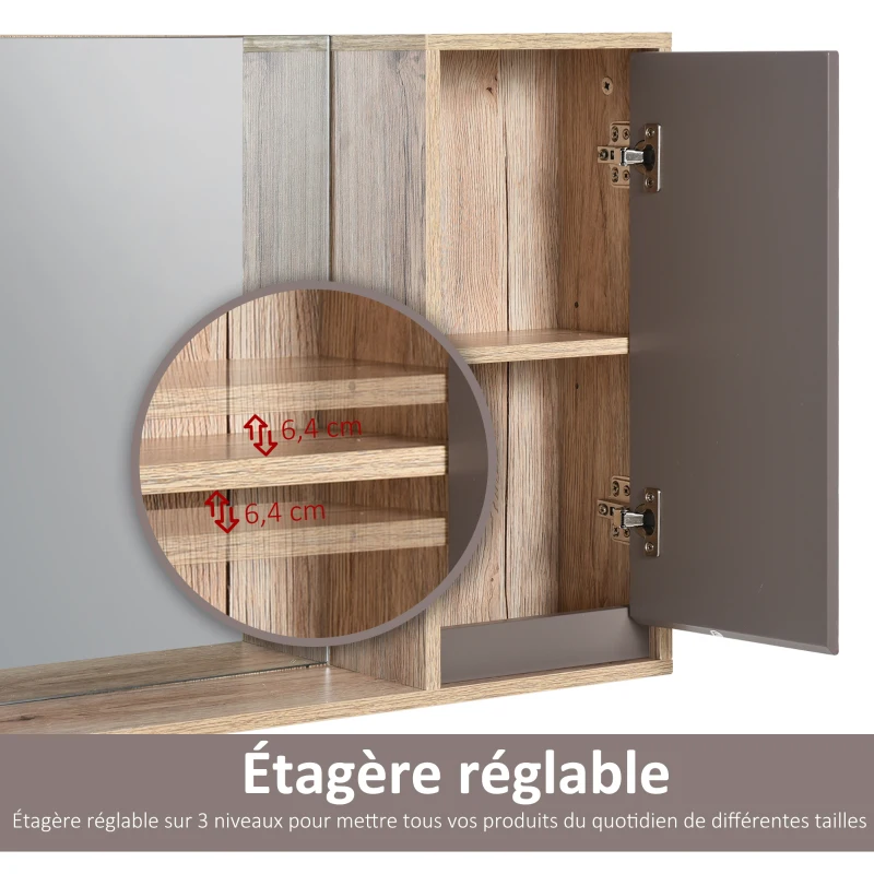 HOMCOM Miroir de Salle de Bain avec étagère et Placard - système Fixation intégré - Panneaux Particules chêne Clair Gris