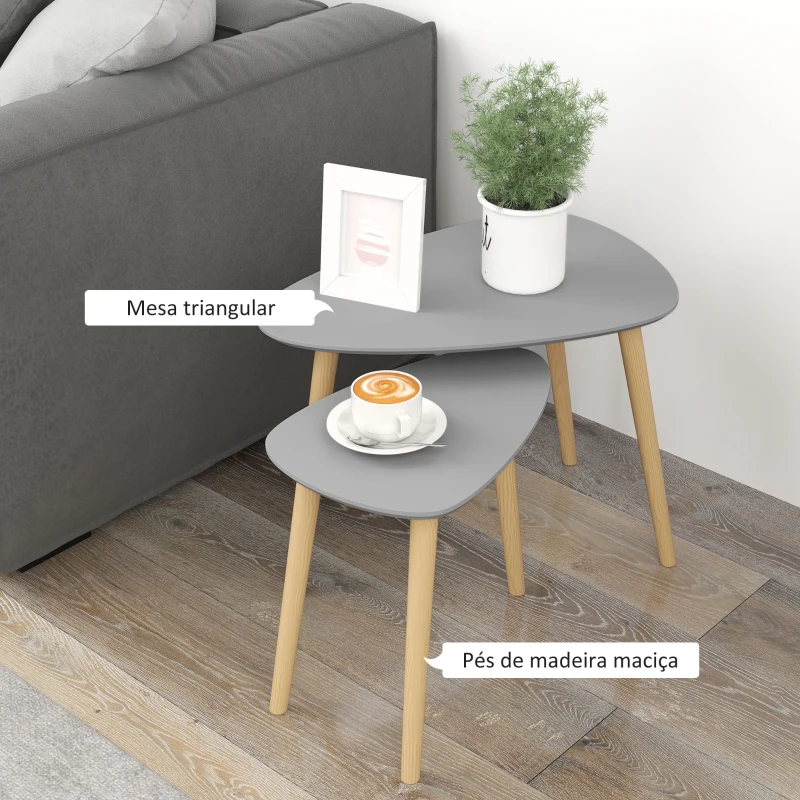 HOMCOM Conjunto de 2 Mesas Auxiliares com Pés de Madeira Mesas de Café 59,5x39,5x45cm e 44,5x28,5x40 cm Cinza