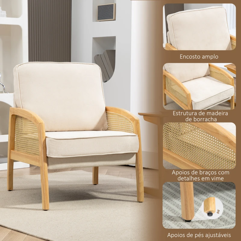HOMCOM Poltrona Sala de Estar Moderna com Apoio para os Braços em Vime e Pés de Madeira para Escritório 67x75x88 cm Bege