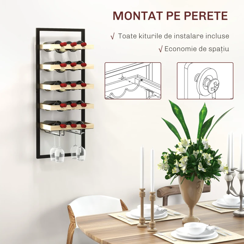 HOMCOM Raft de Perete pentru Sticle din Lemn și Oțel, Suport pentru 15 Sticle de Vin și 4 pahare, 35x25x86 cm, Natural