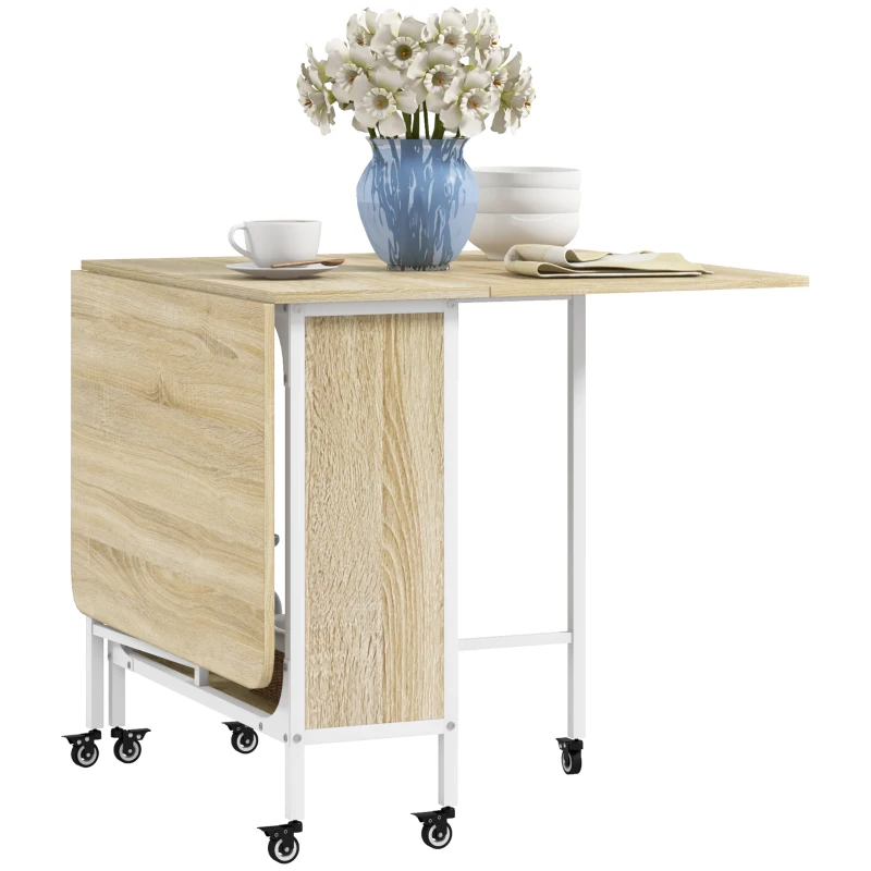 HOMCOM Mesa de Cocina Plegable con Ruedas Alas Abatibles y Estante Mesa Plegable para Salón 130x80x74 cm Madera Natural