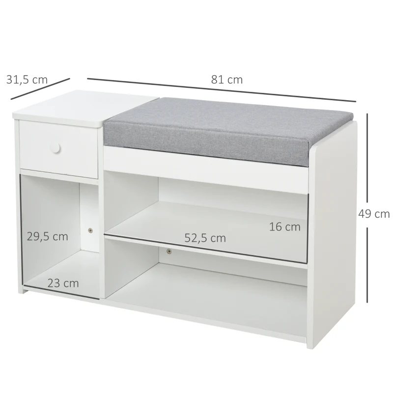HOMCOM Banc de rangement Banc à Chaussures 2 Niveaux Rangement, Niche, tiroir, Coffre intégré avec Coussin Gris Blanc