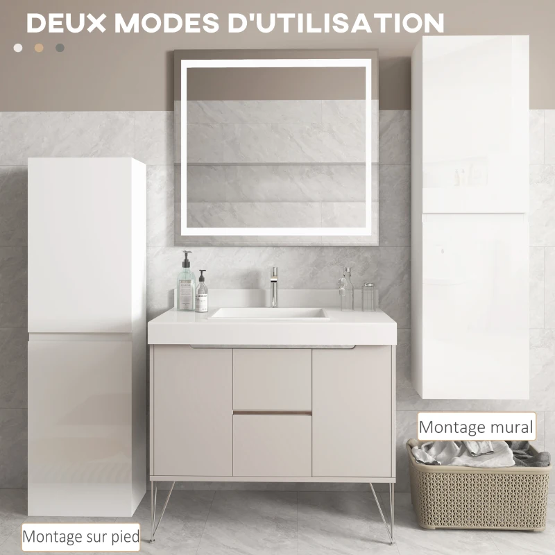 kleankin Meuble colonne rangement salle de bain style contemporain 2 placards étagères réglables 35 x 25 x 120 cm blanc laqué(m-5)