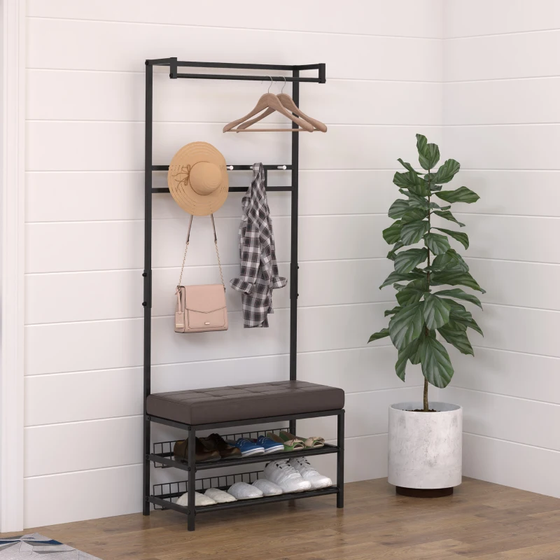 HOMCOM Móvel Cabide de Entrada com Assento Acolchoado e Sapateira Armário de Entrada com Cabides 72,5x35x180cm Preto