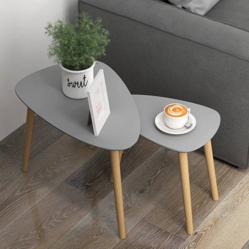 HOMCOM Conjunto de 2 Mesas Auxiliares com Pés de Madeira Mesas de Café 59,5x39,5x45cm e 44,5x28,5x40 cm Cinza