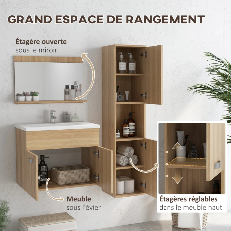 kleankin Ensemble de meubles de salle de bain armoire miroir + meuble sous lavabo suspendu avec bassin + meuble colonne naturel