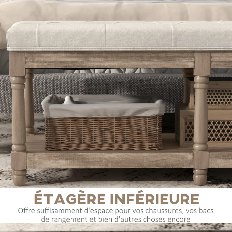 HOMCOM Banc banquette capitonnée 2 niveaux étagère 115 cm Bout de lit Rembourrée en lin piètement Bois sculpté Lin Beige(m-6)