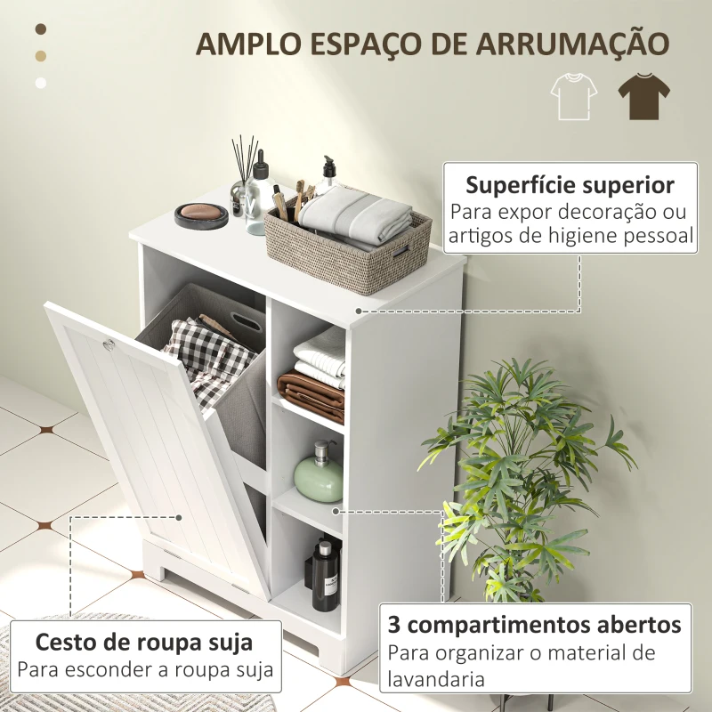 HOMCOM Móvel Casa de Banho com Cesto para Roupa Móvel Auxiliar Casa de Banho com Prateleiras Abertas e Cesta Amovível 60x38x86 cm Branco