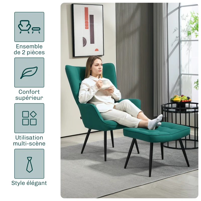 HOMCOM Fauteuil relax avec repose-pieds assorti style scandinave piètement métal noir revêtement aspect velours - Vert