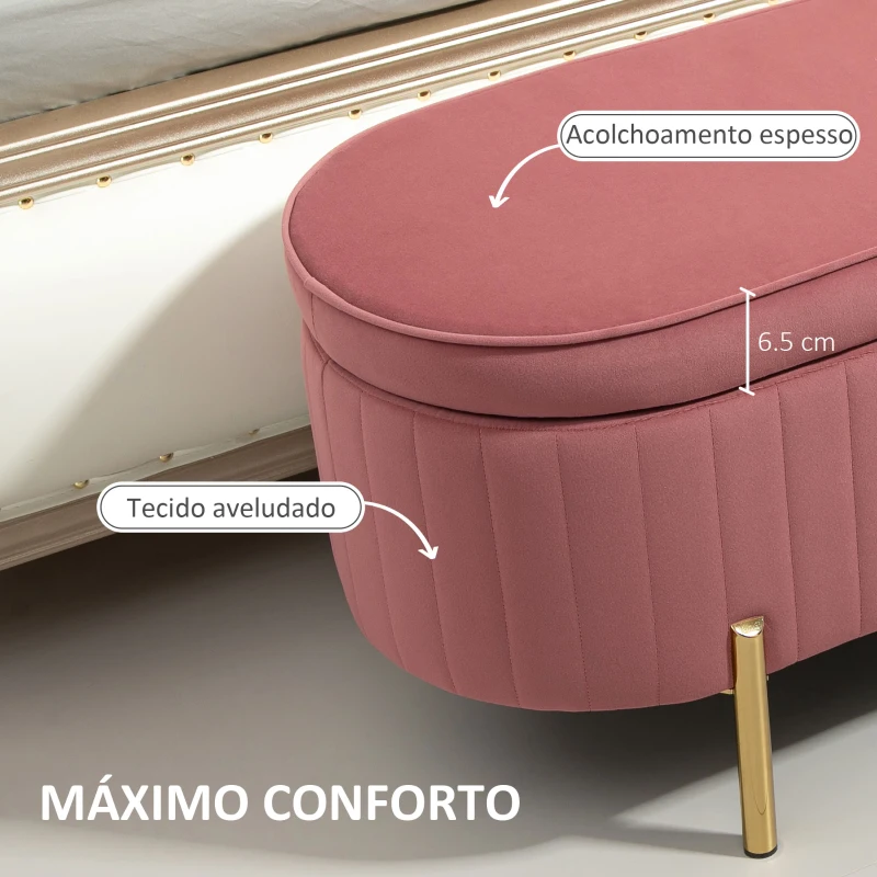 HOMCOM Banco Pé de Cama Estofado em Veludo Banco de Arrumação e Pés Dourado Banco para Entrada Dormitório 108x44x43,5 cm Rosa