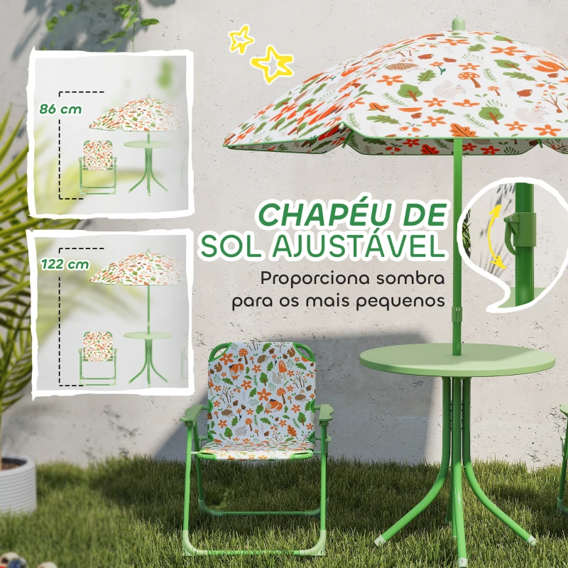 AIYAPLAY Conjunto de Mesa e Cadeiras para Crianças de Jardim com Cadeiras Dobráveis Chapéu de Sol Ajustável e Desenho de Raposas Verde