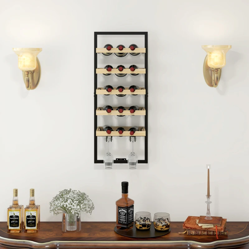 HOMCOM Raft de Perete pentru Sticle din Lemn și Oțel, Suport pentru 15 Sticle de Vin și 4 pahare, 35x25x86 cm, Natural
