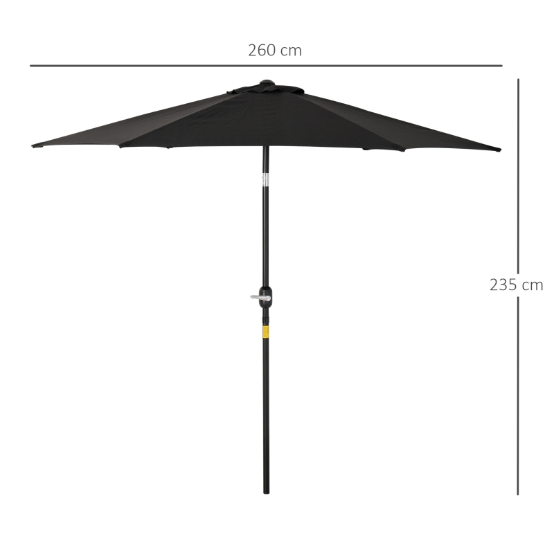 Outsunny Parasol droit parasol inclinable de jardin manivelle toile polyester haute densité 180 g/m² Ø2,6 x 2,35 m aluminium noir