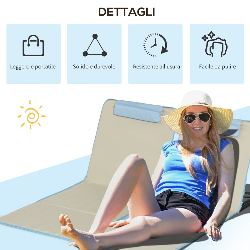 Outsunny Set 2 Sdraio da Spiaggia Pieghevoli con Schienale Regolabile e Poggiatesta, 53x124x35-45 cm, Beige e Azzurro