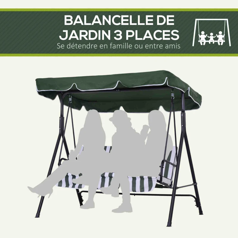 Outsunny Balancelle de jardin 3 places toit inclinaison réglable coussins assise et dossier acier noir polyester vert