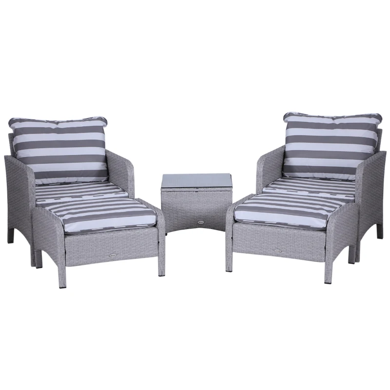 Outsunny 5 Pieces PE Rattan Garden Furniture Set with 10cm Thick Padded Cushions, Wicker Weave Outdoor Seating Chairs with 2 Armchairs, 2 Stools, Glass Top Table, Grey and White