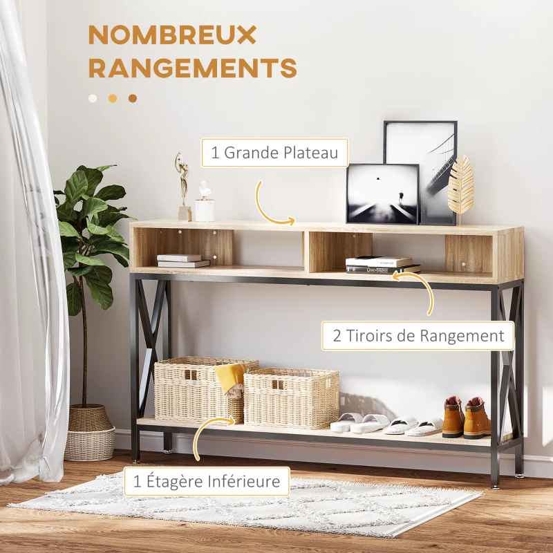 HOMCOM Table Console Table d'Entrée Industriel Multi-rangements 120 x 23,5 x 75 cm Bois Chêne