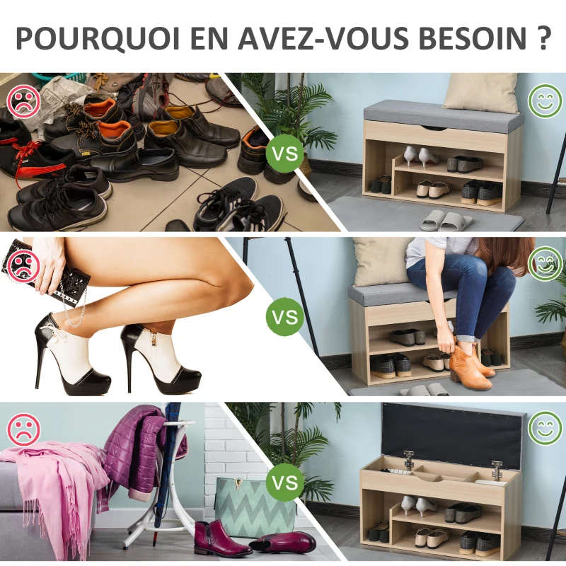 HOMCOM Meuble Chaussures Banc à Chaussures 2 Niveaux Rangement, Niche + Coffre intégré avec Coussin Beige Gris