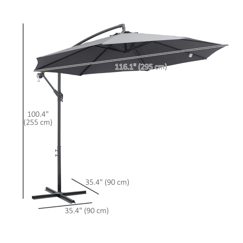 Outsunny 3(m) Garden Parasol Sun Shade Patio Banana Hanging Umbrella Cantilever with Crank Handle and Cross Base Grey