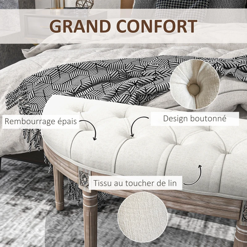 HOMCOM Banc bout de lit en forme demi-lune style Louis XVI structure en bois massif sculpté siège en tissu aspect lin crème