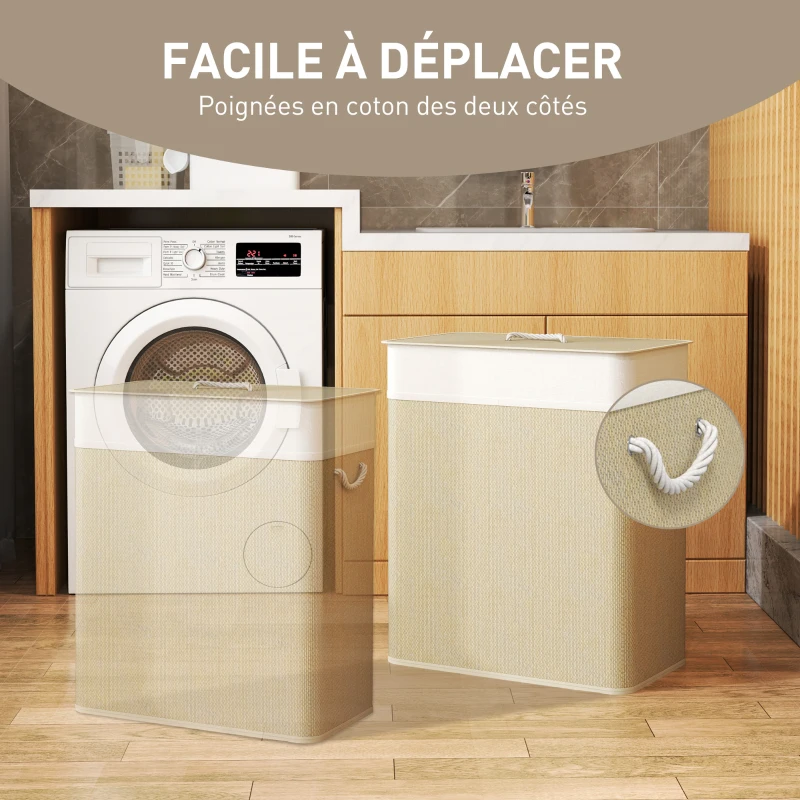HOMCOM Panier à linge double avec couvercle, panier à linge en bambou 100 L avec poignées en corde