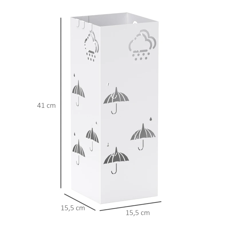 HOMCOM Suporte para Guarda Chuva de Aço com 4 Ganchos e Bandeja de Gotejamento Amovível 15,5x15,5x41 cm Branco