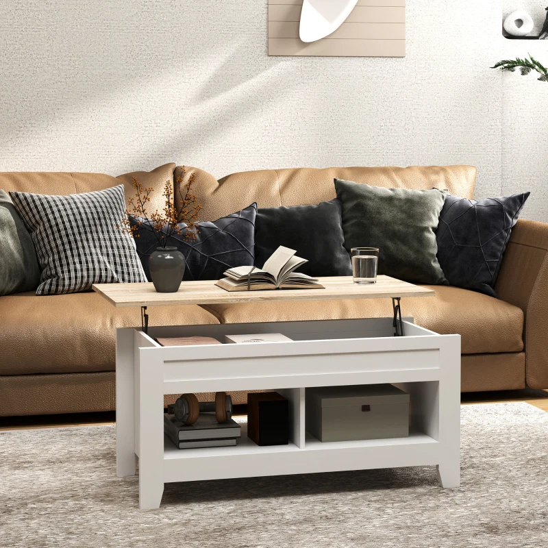 HOMCOM Mesa de Centro com Bancada Elevável 2 Compartimentos Abertos Bancada de Madeira 105x50x49 cm Branco e Madeira