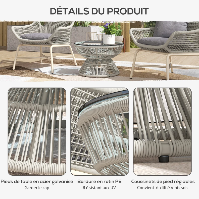 Outsunny Table basse de jardin ronde, table d'appoint en résine aspect rotin et plateau verre trempé Ø 60 x 37H cm