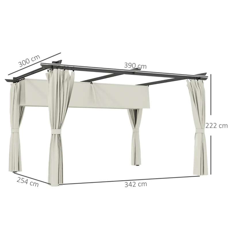 Outsunny Pergola de jardin exterieur 3 x 4 m, toit rétractable et rideaux, anti-UV UPF30+, pour barbecue, patio, terrasse, crème