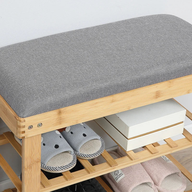 HOMCOM Meuble à Chaussures Banc à Chaussures 2 étagères Coussin Gris intégré Bambou