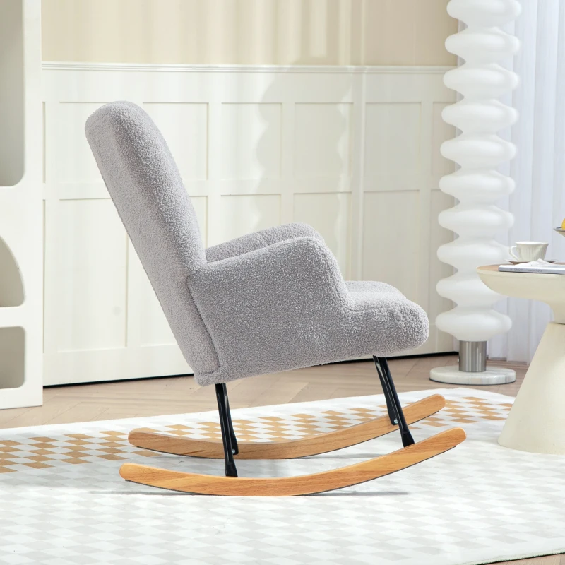 HOMCOM Poltrona Baloiço em Borrego Poltrona para Amamentação com Encosto Capitonê e Base de Madeira 65x88x87 cm Cinza Claro