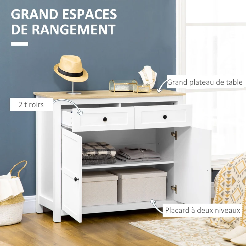 HOMCOM Commode meuble de rangement 2 portes avec étagère réglable en hauteur 2 tiroirs 100 x 40 x 85 cm blanc et aspect bois
