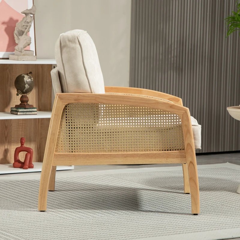 HOMCOM Poltrona Sala de Estar Moderna com Apoio para os Braços em Vime e Pés de Madeira para Escritório 67x75x88 cm Bege