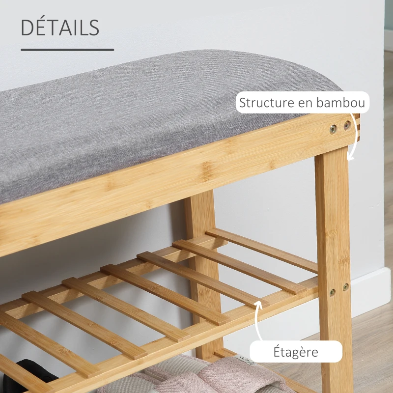 HOMCOM Meuble à Chaussures Banc à Chaussures 2 étagères Coussin Gris intégré Bambou