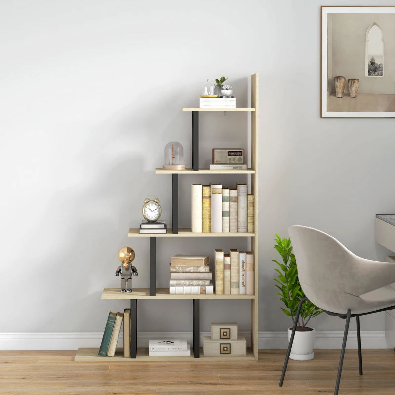 HOMCOM Étagère bibliothèque séparateur de pièce style industriel en escalier 5 étagères 102 x 30 x 160 cm coloris chêne