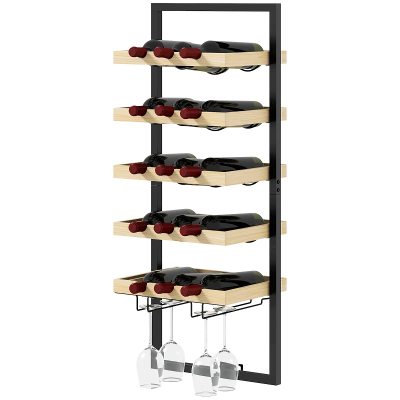 HOMCOM Raft de Perete pentru Sticle din Lemn și Oțel, Suport pentru 15 Sticle de Vin și 4 pahare, 35x25x86 cm, Natural