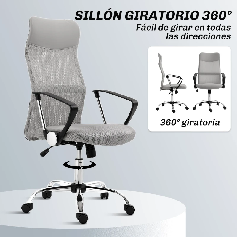 HOMCOM Silla de Oficina con Respaldo Curvo Reposacabezas y Ruedas Función Basculante y Giratoria 63x65x109-119 cm Gris Claro