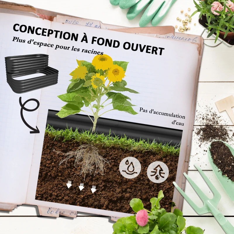 Outsunny Carré potager de jardin fond ouvert 2 étages pour herbes légumes fruits fleurs 120 x 90 x 30 cm noir