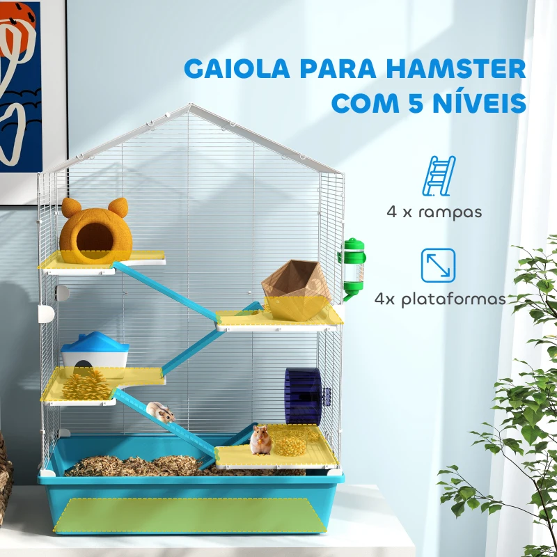 PawHut Gaiola para Hamster de 5 Níveis com Plataformas Comedouro Bebedouro Casa Rampa e Rodas de Exercícios 58x36x81 cm Azul Claro