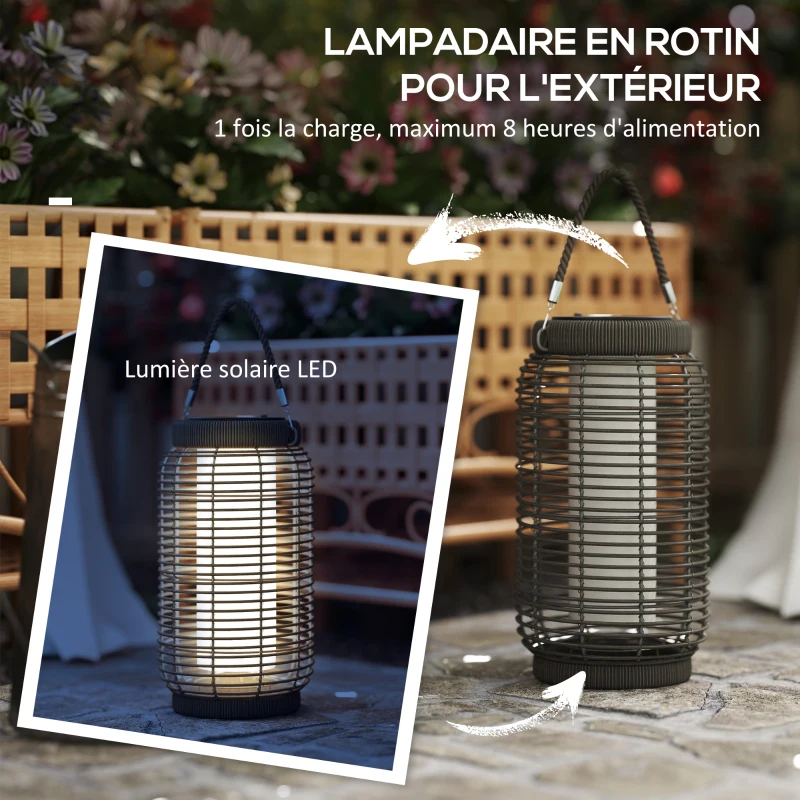 Outsunny Lampadaire d'extérieur solaire en résine tressée luminaire LED de jardin en acier marche/arrêt automatique gris