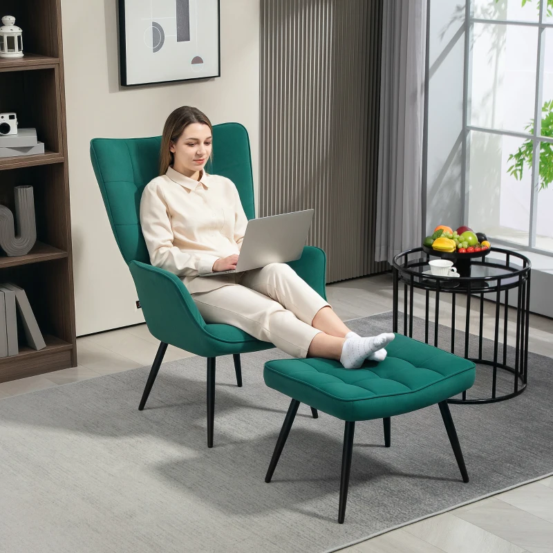 HOMCOM Fauteuil relax avec repose-pieds assorti style scandinave piètement métal noir revêtement aspect velours - Vert