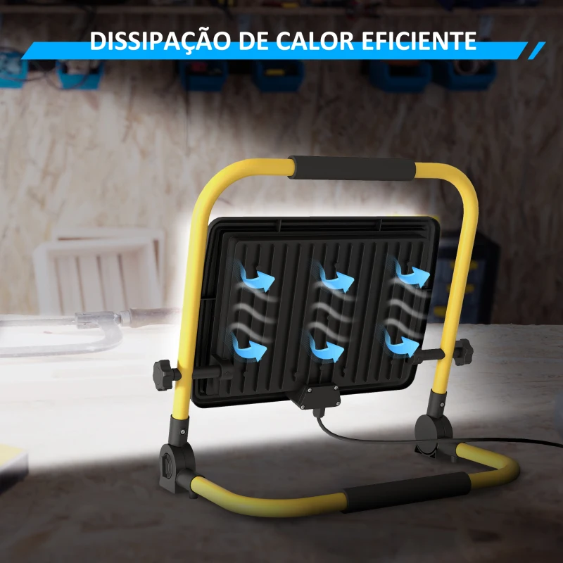 HOMCOM Projetor LED Recarregável com Cabeças e Suporte Ajustáveis 100W 8500 Lúmenes IP65 6500K Refletor LED Portátil 35x20x32 cm Amarelo