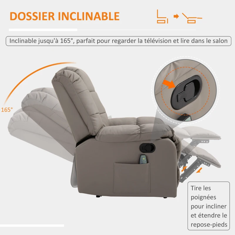 HOMCOM Fauteuil de massage fauteuil de relaxation massant avec dossier inclinable manuellement et repose-pied fauteuil TV revêtement synthétique télécommande incluse gris