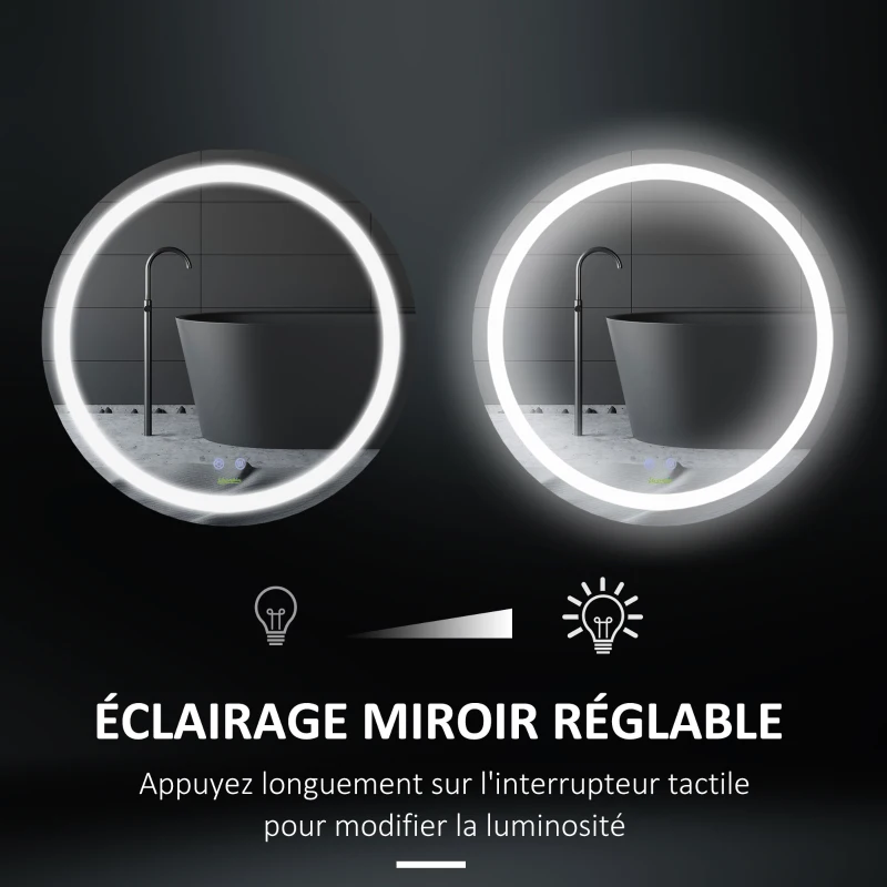 kleankin Miroir de salle de bain rond LED Ø 60 cm miroir mural avec éclairage interrupteur tactile fonction de mémoire système anti-buée aluminium