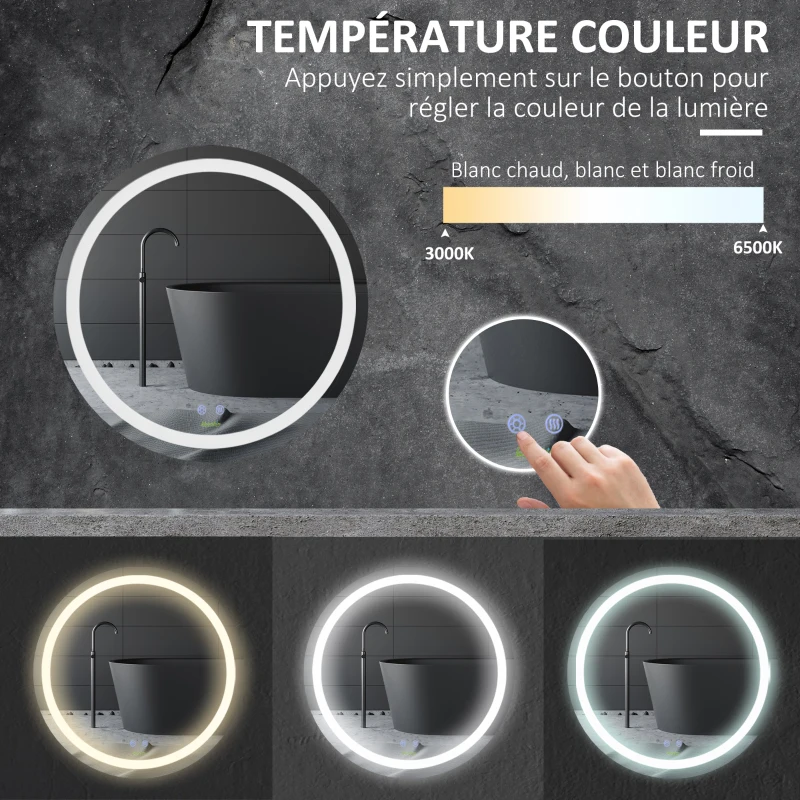 kleankin Miroir de salle de bain rond LED Ø 60 cm miroir mural avec éclairage interrupteur tactile fonction de mémoire système anti-buée aluminium