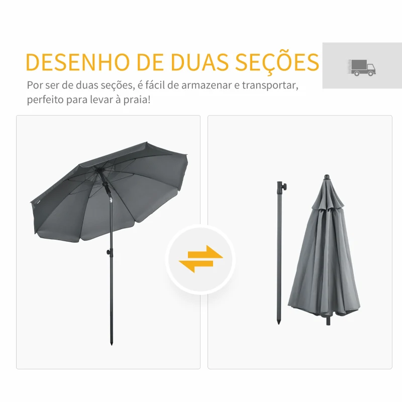 Outsunny Chapéu de Sol de Praia Grande Ø180 cm Chapéu de Sol de Exterior com Ângulo Ajustável Proteção UV50+ Mastro de Ø32 mm Cinza
