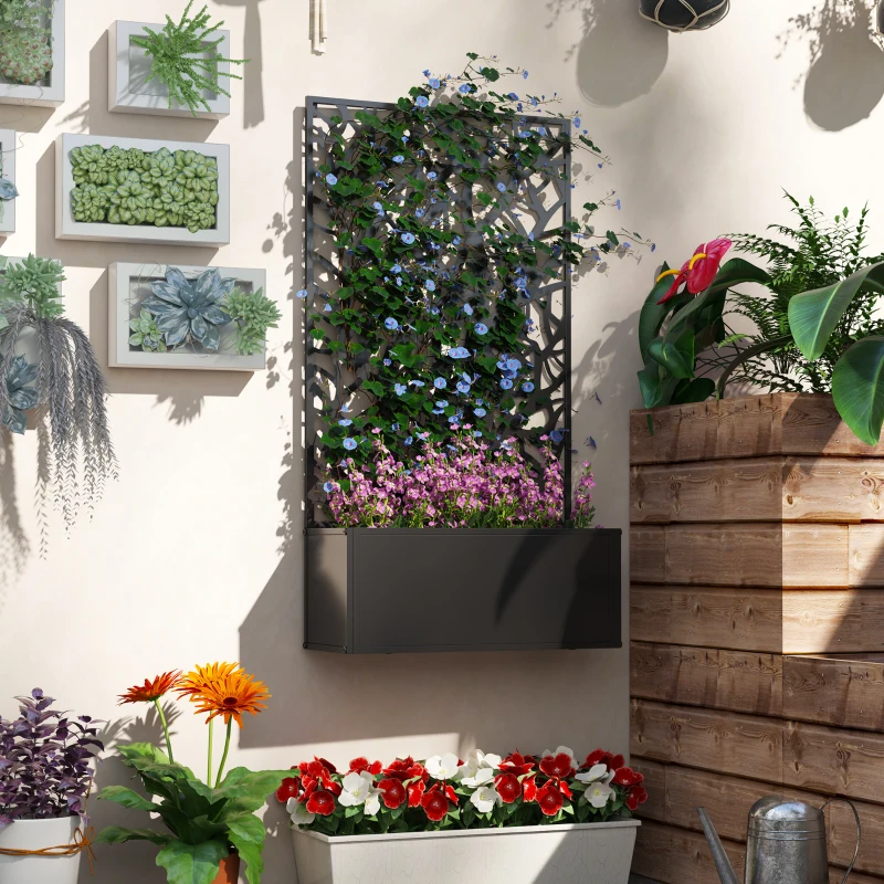 Outsunny Floreira de Metal com Ecrã de Privacidade com Ramos Decorativos Floreira de Parede ou Independente  61x23x113 cm Preto